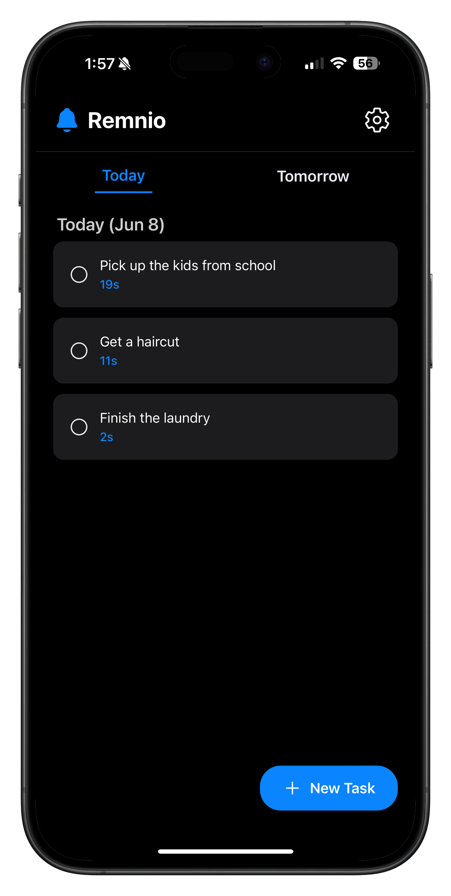 Remnio reminder app task list interface